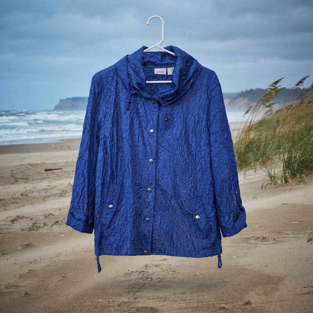 Zenergy Blue Women's Crinkle Jacket with Funnel Collar Beach Inspired